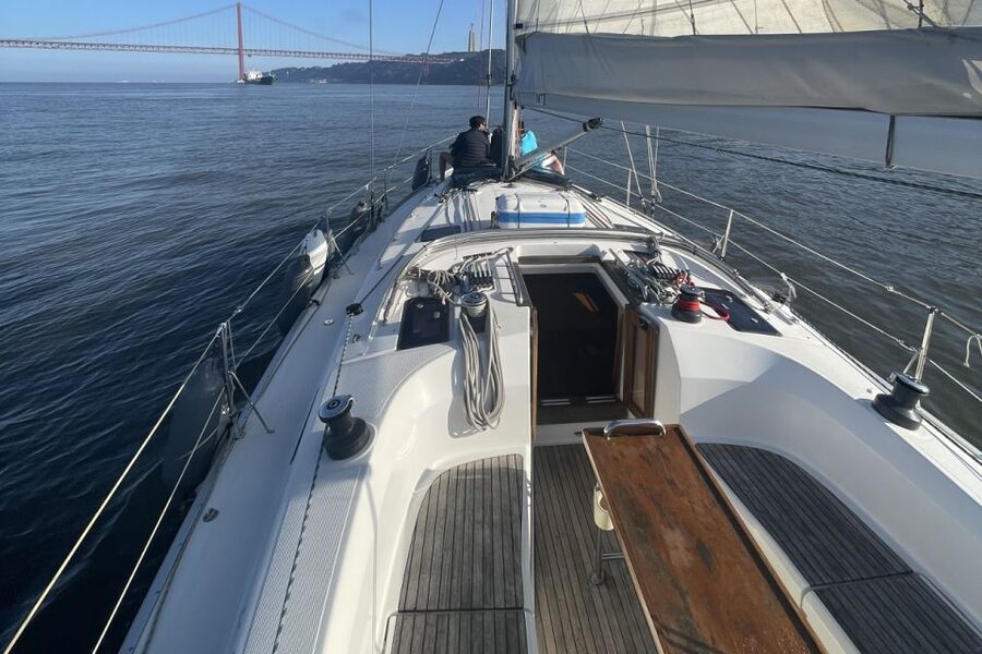 Lisbon: Sunset Sailing Boat Cruise with Wine - 25 de Abril Bridge: the big skyline moment